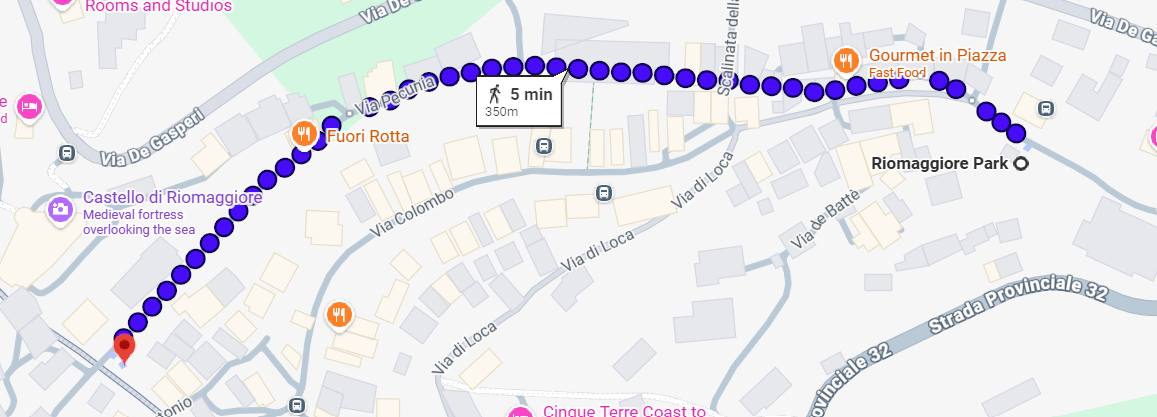Walking route from the private garage to La Nave apartment in Riomaggiore